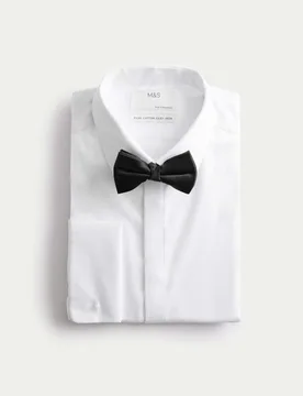 Slim Fit 2 Inch Luxury Cotton Dress Shirt with Bow Tie White male - M&S - FashionsVida