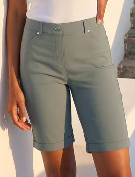Women's Elastic Waist Turn Up Stretch Shorts in Khaki Size: 20 - Khaki - Size: 20 - Roman - FashionsVida