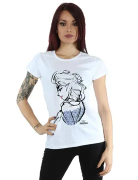 Women's Frozen Elsa Sketch Mono Cotton T-Shirt in White Size: Medium - White - Size: M - Disney - FashionsVida