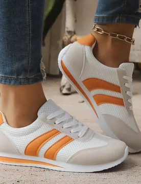 Zapatillas casuales de mujer blancas y naranjas de caña baja, talla grande, para exteriores, con cordones blancos, suela gruesa de goma, transpirable - Shein - FashionsVida