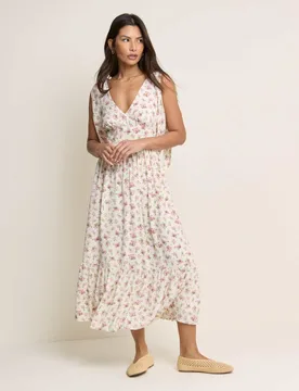 Floral V-Neck Bow Detail Midaxi Tiered Dress White Mix female - Nobody's Child - FashionsVida