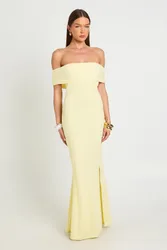 Womens Ruched Bardot Fluid Maxi Dress - Yellow - Size 14 Uk