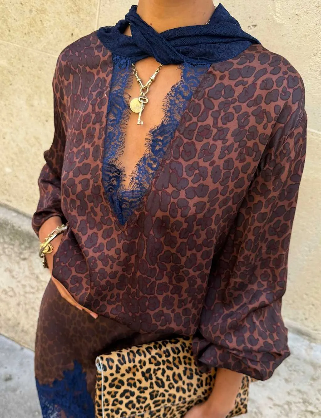 Leopard Print V-Neck Lace Detail Batwing Top Multi female - Never Fully Dressed - FashionsVida