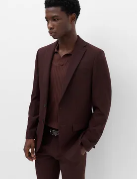 Slim Fit Twill Suit Jacket Bordeaux male - M&S - FashionsVida