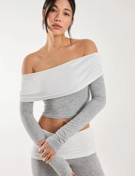Women's Two Tone Bardot Top in Grey Size: Medium - Grey - Size: M - Pink Vanilla - FashionsVida