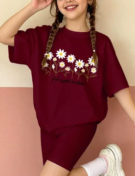 Conjunto de 5 piezas de camiseta de manga corta de cuello redondo suelta y cómoda con estampado floral burdeos y pantalones cortos de ciclismo ajusta - Shein - FashionsVida