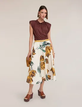 Falda acampanada en popelín con estampado cintura alta con banda elástica estampado floral - Motivi - FashionsVida