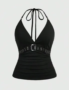 Top sin mangas con cuello halter, estilo retro y sexy, con decoración de ojales metálicos para mujer talla grande, de estilo versátil para la calle - Shein - FashionsVida