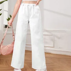 Jeans en unicolor para adolescente con cintura elástica y pierna ancha con bolsillos