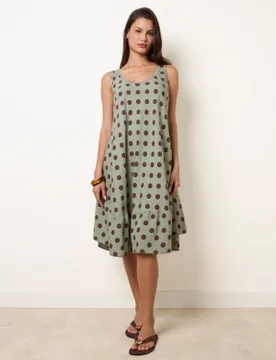 Polka Dot Linen Like Dress - ONE / KHAKI/CHOCOLATE - female - Blue Vanilla - FashionsVida