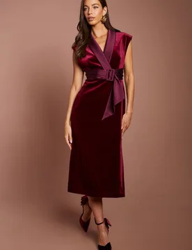 Women's Velvet Tux Midi Dress With Satin Lapel in Burgundy Size: 18 - Burgundy - Size: 18 - Coast - FashionsVida