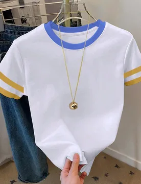 Camiseta de mujer de manga corta con cuello redondo y bloque de color, casual de verano L - Shein - FashionsVida