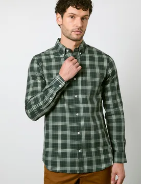 Mens Dark Green Check Long Sleeve Shirt - Dark Grey Cotton - Size X-Large - Maine - FashionsVida