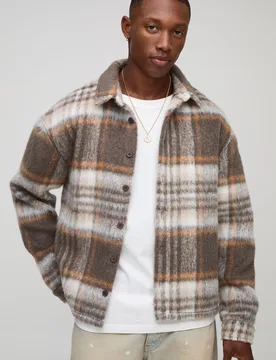 Mens Oversized Boxy Brushed Check Overshirt - Brown - Size Large - boohooMAN - FashionsVida