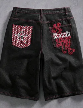 Pantalones cortos vaqueros anchos y sueltos de unicolor, con diseño de remaches, bordado de líneas, estrellas y viñas, parche de cuadros retro en e - Shein - FashionsVida