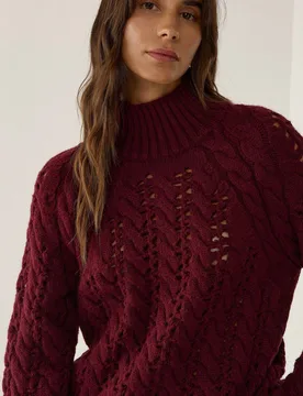 Womens Regular Fit Openwork Sweater - Burgundy - Size Medium - Hiccup - FashionsVida