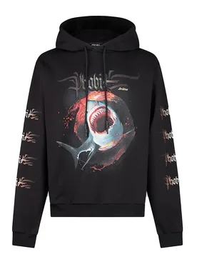 Felpa Leggera Cappuccio Uomo Shark Print Hoodie Black - PHOBIA - FashionsVida