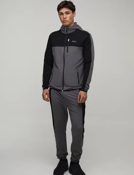 Mens Man Active Colour Block Funnel Hooded Regular Fit Tracksuit - Charcoal - Size X-Small - boohooMAN - FashionsVida