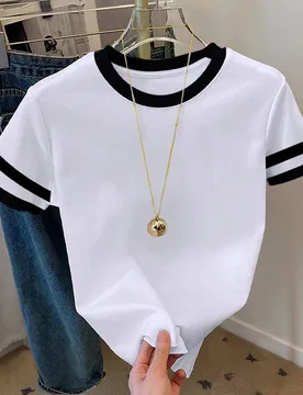 Camiseta de manga corta de verano casual y versátil con cuello redondo y ribete de contraste, talla grande 1XL - Shein - FashionsVida