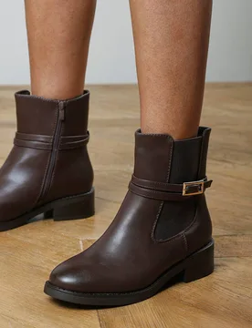 Women's 'Haxine' Chelsea Flat Ankle Boot With Gold Buckle Detail in Dark Brown Size: 8 - Dark Brown - Size: 8 - Where's That From - FashionsVida