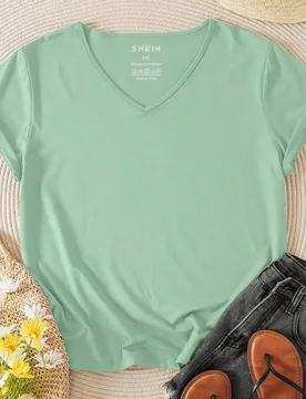 Camiseta De Manga Corta Con Cuello En V De Color Sólido Para Mujer De Talla Grande 3XL - Shein - FashionsVida