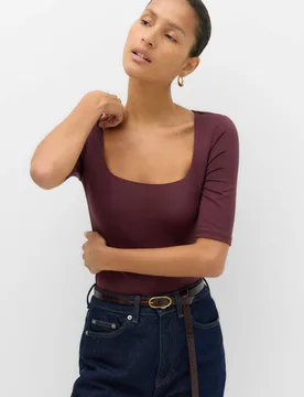 Square Neck Half Sleeve Fitted Bodysuit Burgundy female - M&S - FashionsVida
