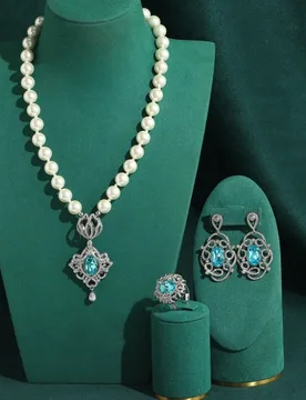 Vintage Sea Blue Crystal Hollow Out Jewelry Sets Silver Color Pearl Necklace Earrings Ring Exquisite High Quality For Women - Aliexpress - FashionsVida