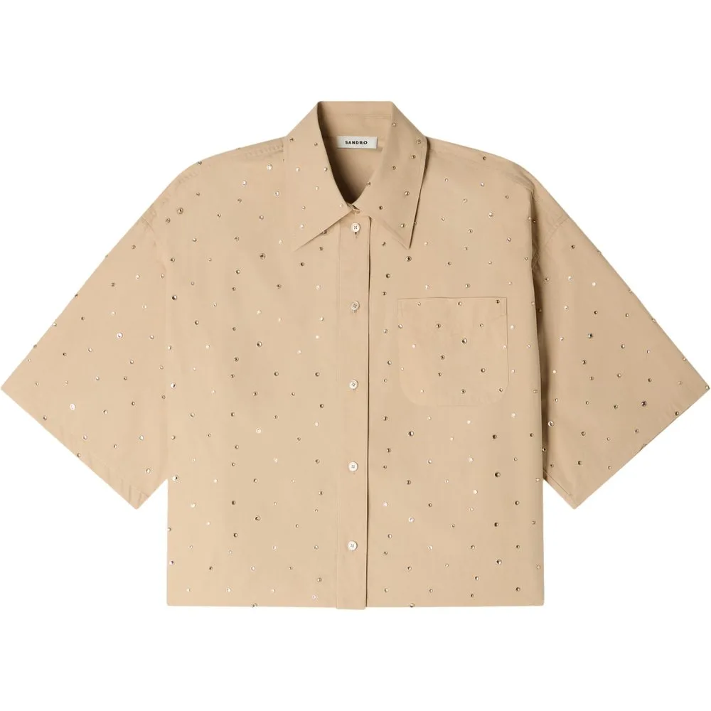 Camisa de mujer 100% algodón con strass, ancha y manga corta - sandro - FashionsVida