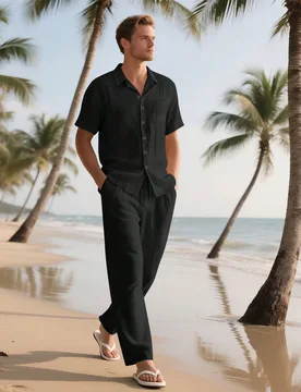 Conjunto de 2 piezas de lino para hombre, camisa de manga corta de un solo pecho de unicolor y pantalones largos, atuendo casual de lino ligero para e - Shein - FashionsVida