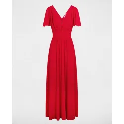 Vestido largo fluido con manga corta y escote pico