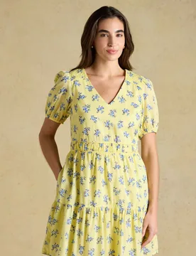 Pure Cotton Floral V-Neck Mini Tiered Dress Yellow Mix female - Joules - FashionsVida