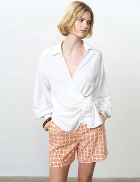 Cotton Blend Tie Front Wrap Top with Linen White female - French connection - FashionsVida
