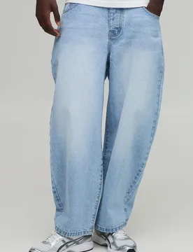 Mens Essential Barrel Fit Jeans - Light Blue Cotton - Size 34 Long - boohooMAN - FashionsVida