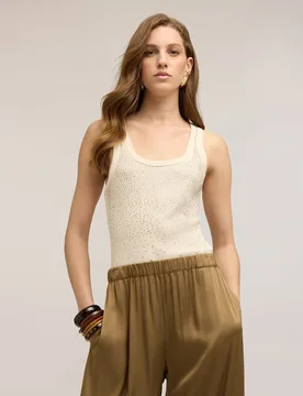 Top de mujer de punto acanalado con strass ajuste entallado con escote redondo - Motivi - FashionsVida