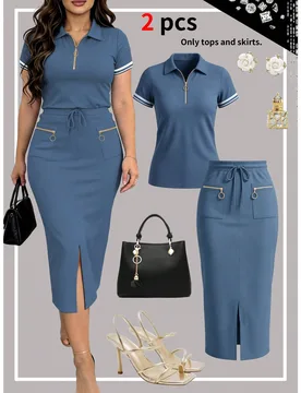 Conjunto de 2 piezas de moda deportiva casual elegante para mujer, primavera/verano, camiseta de manga corta con cuello de solapa y media cremallera e - Shein - FashionsVida