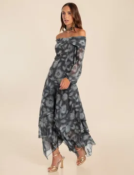 Vestido midi de gasa con escote bardot - The-Are - FashionsVida
