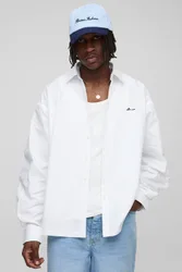 Herren Tall Oversized Langarm-Hemd aus besticktem Popeline White Größe Large