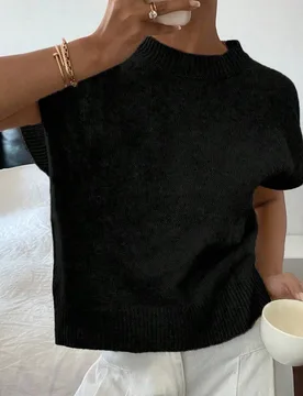Blusa de punto de manga corta de color liso estilo casual de los años 60 para oficina y citas, talla grande, negra, formal de verano 0XL - Shein - FashionsVida