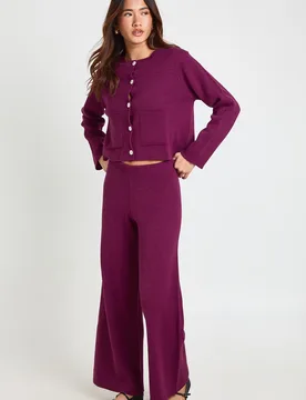 Womens Petite Pocket Detail Crew Neck Knitted Cardigan And Wide Leg Trouser - Burgundy - Size Medium - Boohoo - FashionsVida
