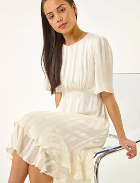 Women's Petite Stripe Frill Hem Midi dress in Ivory Size: 18 - Ivory - Size: 18 - Roman - FashionsVida