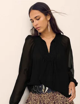 Chiffon Beaded Tie Neck Blouse Black female - Per Una - FashionsVida