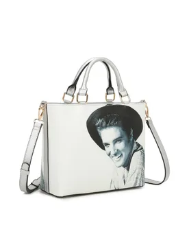 Women's Elvis Printed PU Leather Top Handle Tote Bag in Silver - Silver - Size: One Size - Fontanella Fashion - FashionsVida