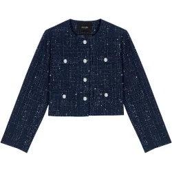 Chaqueta de mujer corta con tweed de cuadros y estrás