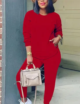 Nuevo conjunto casual de 2 piezas para mujer con camisa de cuello redondo y manga larga con bolsillos, pantalones casuales con bolsillos, traje deport - Shein - FashionsVida