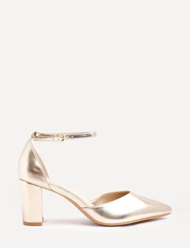 Women's Leona Gold Faux Leather Closed Back Block Heeled Court Shoe Size: 5-Standard Fit - Gold - Size: 5-Standard Fit - Linzi - FashionsVida