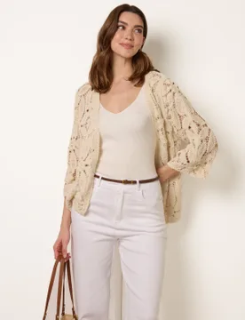 Crochet Tie Front Cardigan - L/XL / STONE - female - Blue Vanilla - FashionsVida