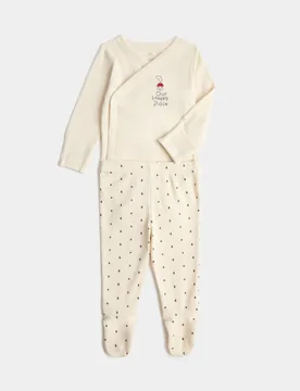 Piece Cotton Rich Bodysuit and Trousers Outfit (7lbs - 1 Yrs) Light Cream unisex - M&S - FashionsVida