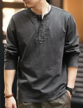 Spring and Autumn Men's Round Neck Solid Fit Button Bright Line Decoration Casual Fashion Elegant Commuter LongSleeve Top s - Aliexpress - FashionsVida