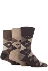 Mens 3 Pair Argyle Cotton Socks Argyle Brown / Natural 6-11 - Brown - Size: 7-11 Mens