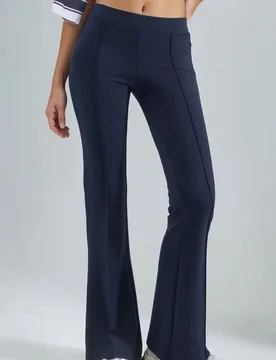 Womens Ribbed Elastic Flare Pants - Navy - Busem - FashionsVida